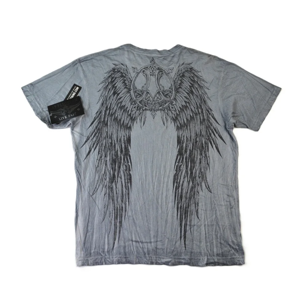 Affliction Eros SS Tee Mens Large Blue Distressed Wing Graphic T-Shirt A2242 NEW - Picture 3 of 10